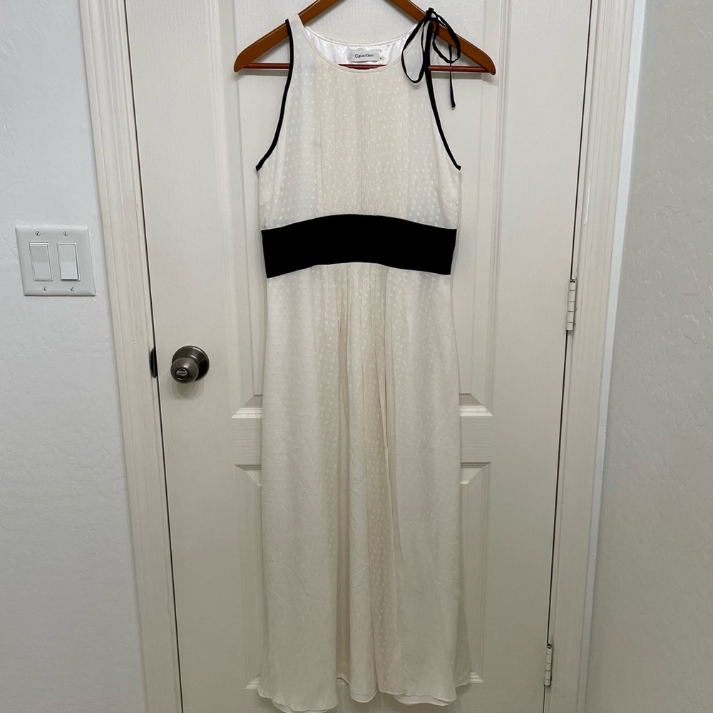Calvin Klein White and Black Pleated Halter Midi Dress